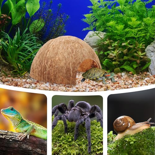 Veemoon Coconut Shell Reptile Hideout Natural Aquarium Shelter Small Lizard Turtle Hermit Crab Habitat Decor 4.72X4.72X2.55In