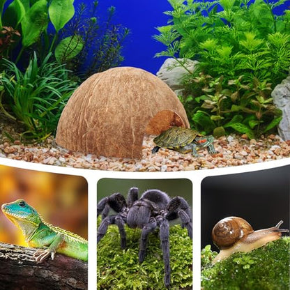 Veemoon Coconut Shell Reptile Hideout Natural Aquarium Shelter Small Lizard Turtle Hermit Crab Habitat Decor 4.72X4.72X2.55In