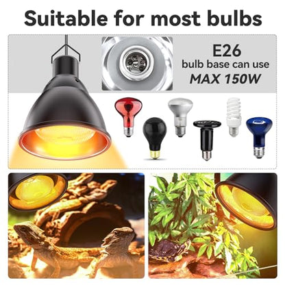 Reptile Heat Lamp,7inch Deep Dome Reptile Light Fixture with 3/6/12 Timer,Infrared Reptile Heat Lamp Max 150W Blub, for Turtle Bearded Dragon Lizards Snake, 1PCS 150W Bulb Included