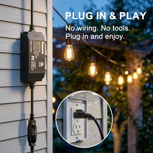 Outdoor Dimmer for String Lights, Plug-in 350W Timer & Remote | IP65 waterproof LED light dimmer switch. 100FT RF remote control works through walls. Perfect for patio & backyard bulbs