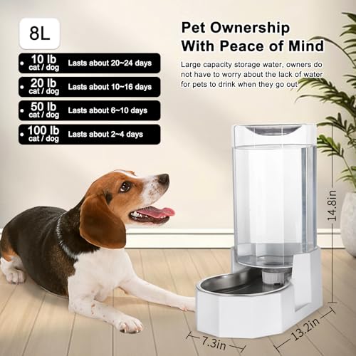 Sfozstra Automatic Pet Water Dispenser: 8L White Gravity Stainless Steel Water Bowl - with Specialized Brush - Angular Water Feeder for Senior Pet Dogs with Neck Pain Relief in Living Room Bedroom | Includes Specialized Brush, Raised Design for Senior Pet
