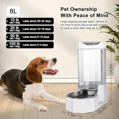 Sfozstra Automatic Pet Water Dispenser: 8L White Gravity Stainless Steel Water Bowl - with Specialized Brush - Angular Water Feeder for Senior Pet Dogs with Neck Pain Relief in Living Room Bedroom | Includes Specialized Brush, Raised Design for Senior Pet
