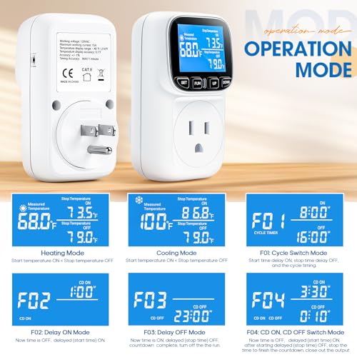 Plug in Thermostat Temperature Controlled, Heavy Duty 15A/1800W Thermostat Outlet Plug with LCD Display,-40°F~210°F Range & 0.1°F Accuracy for Aquarium Greenhouse Incubator