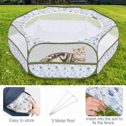 Pawaboo Small Animals Playpen, Waterproof Small Pet Cage Tent with Zippered Cover, Portable Outdoor Yard Fence with 3 Metal Rod for Chick/Kitten/Puppy/Guinea Pig/Rabbits/Hamster, Blue + White Flower - color: Blue + White Flower