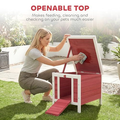 PawHut Small Wooden Rabbit Hutch Bunny Cage Guinea Pig Cage Duck House Dog House with Openable & Waterproof Roof, Red - color: Red