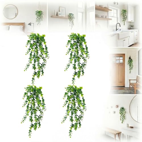 4 Pack Fake Hanging Plants, Artificial Potted Plants for Indoor Outdoor Decor - Realistic Faux Eucalyptus Vines in Pots for Boho Bathroom, Bedroom, Shelf, Porch Wall Decor, UV Resistant Greenery - color: 4 Pcs