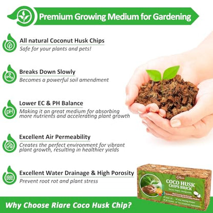 Riare 4 Pack Coco Chips Substrate for Plants- 4.4lb 100% Organic Coconut Husk Brick with Low EC and pH Balanced, High Expansion Coconut Substrate Coco Husk Mulch for Garden Flowers, Herbs, Planting - color: 4 Pack