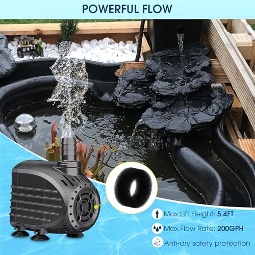 Ultra Quiet Submersible Water Pump 200GPH Size 3.2Lx2.5Wx2.8H in | Water Pump with Dry Burning Protection, 6.6ft Cord, 5.4ft High Lift for Fountains, Waterfall, Hydroponics, Aquariums KF203 - size: 200GPH
