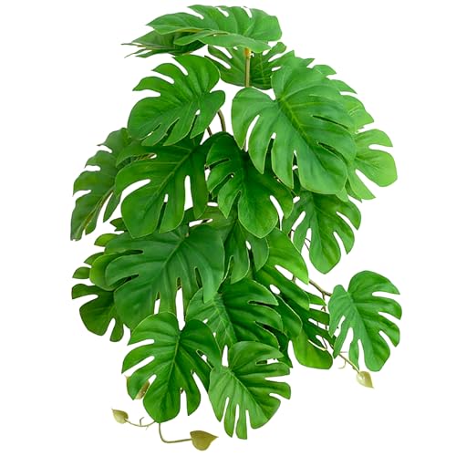 Woyrise Reptile Plants, Terrarium Hanging Plant Vines, Artificial Leaves with Suction Cup, Bearded Dragon Tank Accessories for Gecko Lizard Snake Frog Tortoise Decorations - Monstera - color: A-fake Monstera