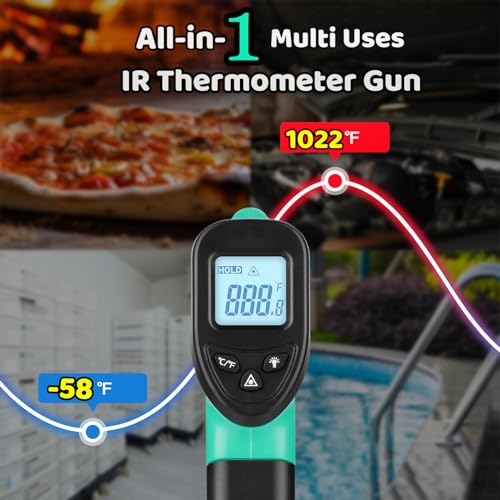 OnniOne Infrared Thermometer Gun for Cooking, -58℉~1022℉, Digital Laser Temperature Gun for Blackstone Pizza Oven Reptiles, IR Thermometer with Carrying Storage Case, Larger Font, LCD Backlit, Green - color: Green