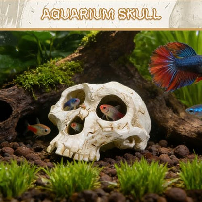 Wowagoga Resin Skull Cave Decor, Gothic Skull Terrarium Cave, Halloween Skeleton Cave Ornament, Aquarium Reptile Hideout, Desktop Home Office Spooky Decoration