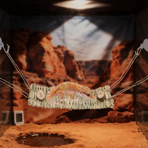 Leopard Gecko Tank Accessories, Straw Hammock with Suction Cup for Small Reptile, Reptile Habitat Decor for Crested Gecko, Chameleon and Other Small Lizards