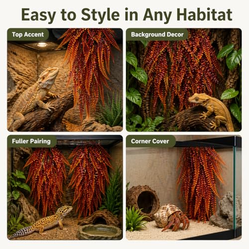 RAINFLOW 2PCS Reptile Plants for Terrarium - 33.5in Artificial Boston Fern Fake Vines, Fake Terrarium Plant for Leopard Gecko Lizard Snake Chameleon Bearded Dragon Tank Accessories(Red)