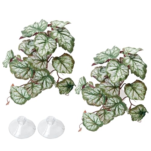 VCEPJH Reptile Plants with Suction Cup Amphibian Habitat Decor 2 Pcs Artificial Leaves for Terrarium Decor Crested Gecko Tank Accessories for Bearded Dragon, Lizard, Snake (Red Saxifrage) - color: Red Saxifrage