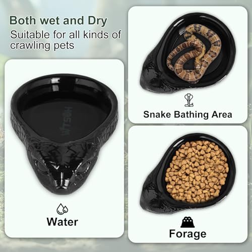 Resin Reptile Water Dish for Gecko, Snake, Tortoise & Lizards（Black） | Heavy Stable Base • Natural Rock Design • Water & Food Use • Easy to Clean - color: black
