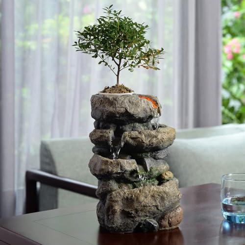 Kalona Tabletop Waterfall Fountain Rockery Fountains Soothing Sound Tabletop Fountains Home/Office Decor with a Small Plastic Pot to Grow The Plant by Yourself(Automatic Watering)(22020) - color: Grayish-brown