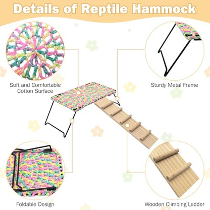 Bearded Dragon Hammock with Ladder, Foldable Reptile Bed with Metal Legs, Cotton-Woven Reptile Basking Platform, Lizard Climbing Accessories for Leopard Gecko, Snakes, Frogs, Hermit Crabs