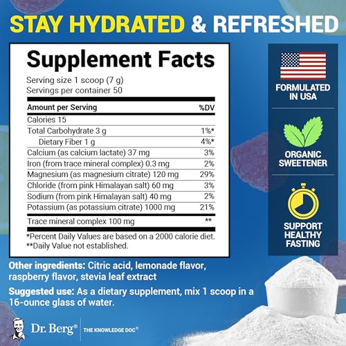 Dr. Berg Zero Sugar Hydration Keto Electrolyte Powder - Enhanced w/ 1000 mg of Potassium & Real Pink Himalayan Salt (NOT Table Salt) - Raspberry & Lemon Flavor Hydration Drink Supplement - 50 Servings