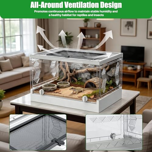 Folding Reptile Terrarium 17" × 12" × 10" – Portable Clear Habitat Tank with Front Opening Door & Ventilation, Easy Assembly for Geckos, Lizards, Snakes, Turtles, Spiders & Amphibians - size: 17" × 12" × 10"