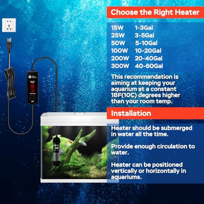 AquaMiracle 15W Small Aquarium Heater Fish Heater, Super Mini Fish Tank Heater Turtle Tank Heater for 1-3 Gal Tanks, with Dual LED Display, Dry-Run/Overheating Protection & Memory Function - size: 1-3 Gal Tanks