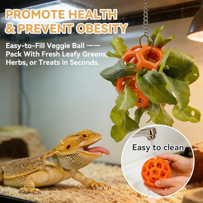 Bearded Dragon Hammock and Feeder Ball Set - 2 Pack Red Mesh Lizard Lounger Bed with Strong Suction Cups, Interactive Reptile Toy for Climbing, Basking & Foraging Tank Accessories