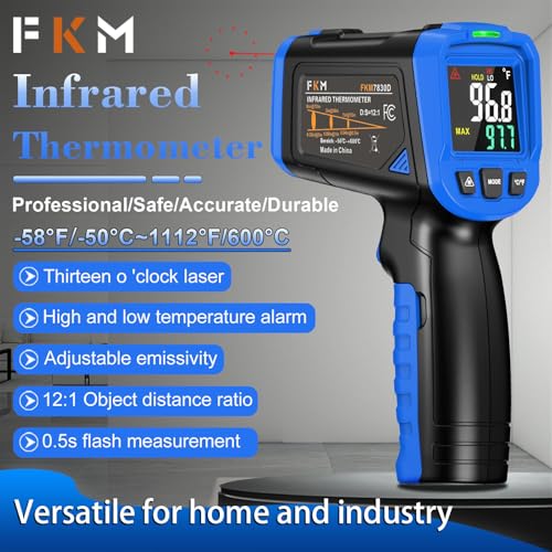 FKM Laser Thermometer Gun -58°F~1112°F(-50°C~600°C),Non Contact Infrared Thermometer Gun for Industrial,Engine,HVAC,Kitchen Cooking,Digital Temperature Gun Adjustable Emissivity,Not for Human - color: Blue