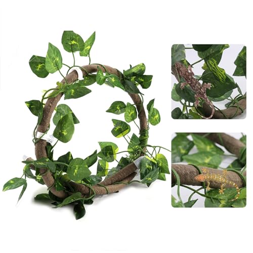 Reptile Vines and Flexible Reptile Leaves, 2PCS Bendable Reptile Branches Plants for Terrarium, Fake Plants for Reptiles Climbing Decor with Suction Cup Chameleon Cage Accessories (Rattan + green - size: Rattan + green radish leaves