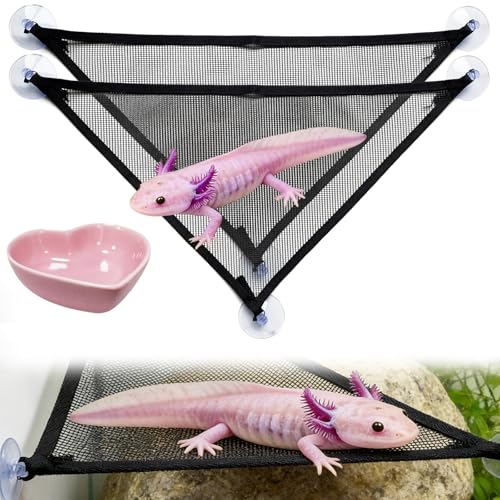 Axolotl Hammock for Aquarium with Feeding Bowl, Axolotl Tank Accessories - Breathable Mesh Reptile Hammock with Feeder Tray for Bearded Dragons, Geckos, Lizards, Snakes, 50 Gallon Tank or Larger - color: Hammock for Aquarium with Pink Feeding Bowl