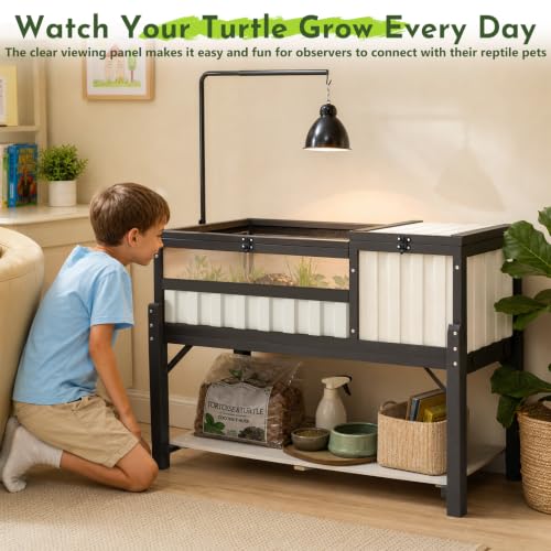 Large Tortoise Habitat with Storage Shelf, Wooden & Plastic Tortoise Enclosure with Adjustable Lamp Stand, Viewing Window, Pull-Out Tray, 2-Room Indoor Outdoor Reptile Turtle House - size: 39.0"L x 22.8"W x 33.0"H