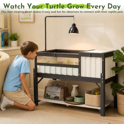 Large Tortoise Habitat with Storage Shelf, Wooden & Plastic Tortoise Enclosure with Adjustable Lamp Stand, Viewing Window, Pull-Out Tray, 2-Room Indoor Outdoor Reptile Turtle House - size: 39.0"L x 22.8"W x 33.0"H