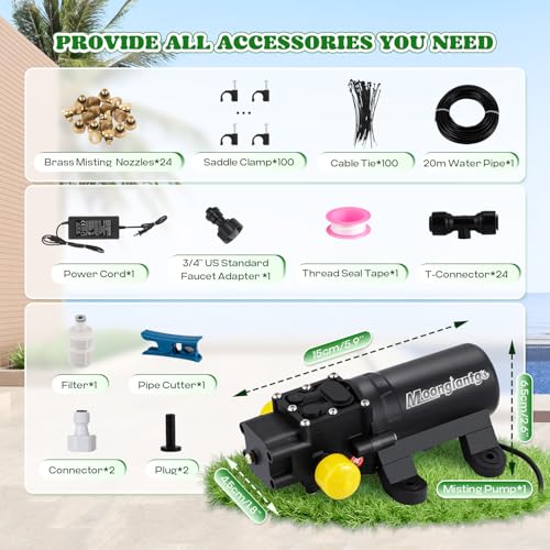Moongiantgo Outdoor Misting Cooling System with Pump- 116PSI High Pressure Mister with 65.5FT(20M) Water pipe+24 Misting Nozzles 0.02’’+3/4’’ Faucet Adapter - System for Outside Patio Garden Beaches