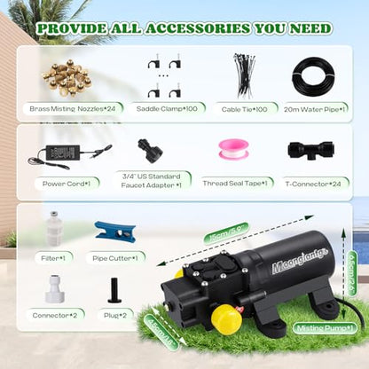 Moongiantgo Outdoor Misting Cooling System with Pump- 116PSI High Pressure Mister with 65.5FT(20M) Water pipe+24 Misting Nozzles 0.02’’+3/4’’ Faucet Adapter - System for Outside Patio Garden Beaches