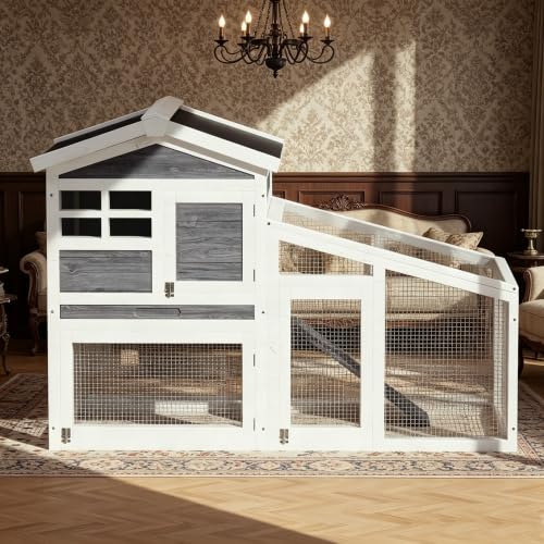 GarveeLife Rabbit Cage, Outdoor Weatherproof Bunny House Wooden, Indoor Bunny Cage with Run, Rabbit Hutch with Removable Tray, Grid Fences, Ramp 53.15" L x 23.62W 37.8" H Gray - color: Gray