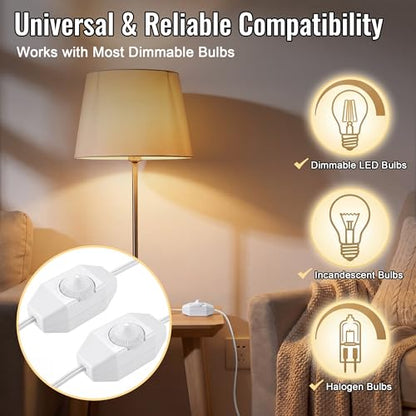 2 Pack Upgraded Inline Dimmer Switch for Lamp Cord, Full Range Rotary Dimmer Switch for Lamps & Pendant Lights, UL Certification, No Solder for Dimmable LED, Incandescent & Halogen Bulbs (White)