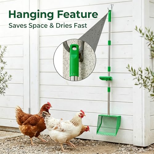 TOOGE Large Chicken Poop Scooper: 2-in-1 Metal Pooper Scooper & Rake Adjustable 62" Long Handle Stainless Steel Sand Sifting Litter Shovel Chicken Coop Scoop Cleaning Tool for Goat Yard Bright Green - color: Bright Green
