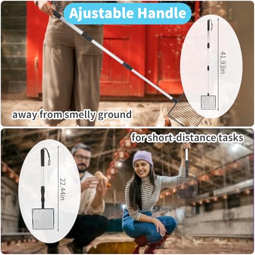 3 PCS Chicken Poop Scooper,Stretchable Coop Scoop for Rudak Chicken,Detachable Stainless Steel Cat Litter Scoop with Mesh Replacement Head,Long Handle Cat Poop Scooper Sand Sifting Shovel