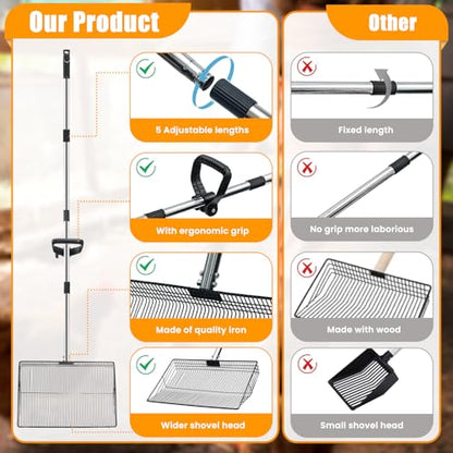 15inch Heavy-Duty Chicken Poop Scooper with Ergonomic Grip, Chicken Coop Scoop with Adjustable Stainless Steel Handle (24-70"), 4-in-1 Litter Sifting Shovel for Chicken Coop Accessories