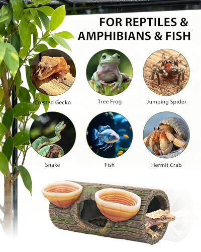 REPTITRIP 2 in 1 Magnetic Crested Gecko Hide, Reptile Hideout & Water Dish Food Bowl, Resin Hollow Log Cave, Reptile & Amphibian Habitat Hideouts
