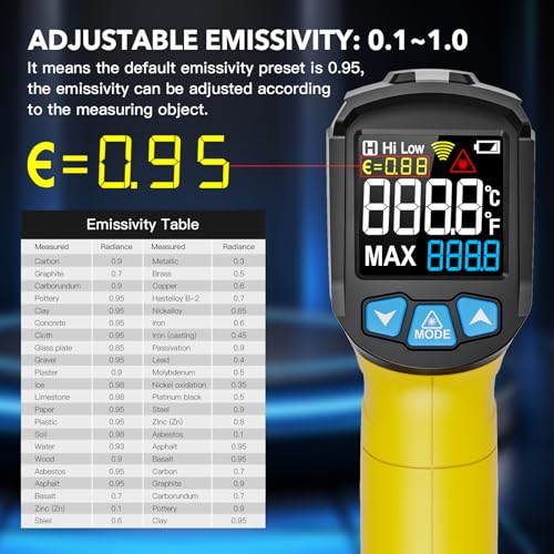 Infrared Thermometer Gun - INSTRODOTS Digital Laser Thermometer Temperature Gun with Adjustable Emissivity & Max Value, -58°F~1472°F Non-Contact Surface Thermometer for Cooking, Freezer, Pizza, HVAC - color: Yellow (-58°F~1472°F)