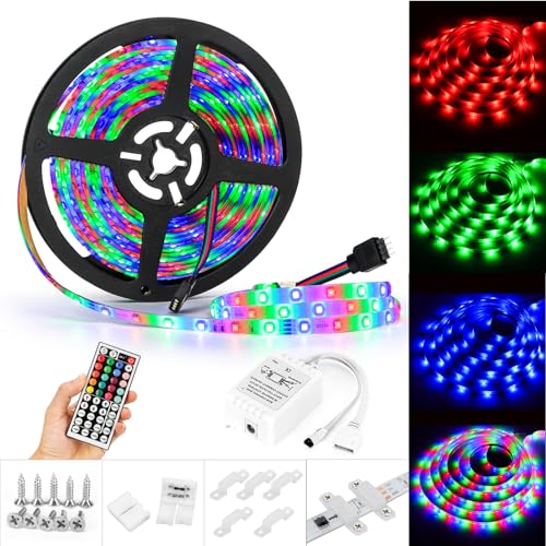 Led Lights for Bedroom,16.4ft/5m Led Strip Lights,Color Changing 3528 RGB Led Lights Strip with Remote Control,Waterproof Flexible DIY LED Lights for Room Kitchen Party TV Bar Christmas Home Decor - color: 1*16.4ft 3528 RGB