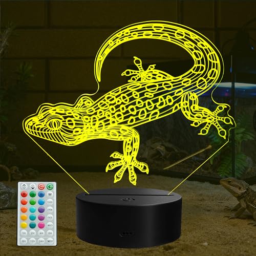 Leopard Gecko 3D Night Light, 16 Colors with Remote Control, Timer, RGB Flashing Mode, Dimmable LED Illusion Lamp, Lizard Accessories for Birthday Holiday Christmas Decor - color: Color 14