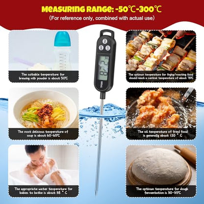 Copkim 6 Pcs Instant Read Meat Thermometer with Long Probe 9.65 Inch Kitchen Cooking Food Candy Waterproof Digital Thermometer for BBQ Water Milk Yogurt Liquid Cooking(Black) - color: Black