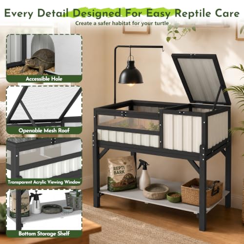 Large Tortoise Habitat with Storage Shelf, Wooden & Plastic Tortoise Enclosure with Adjustable Lamp Stand, Viewing Window, Pull-Out Tray, 2-Room Indoor Outdoor Reptile Turtle House - size: 39.0"L x 22.8"W x 33.0"H
