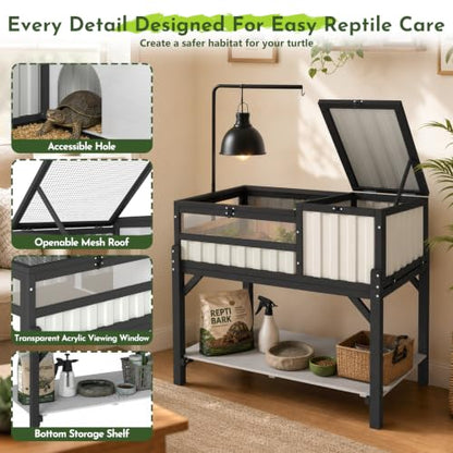 Large Tortoise Habitat with Storage Shelf, Wooden & Plastic Tortoise Enclosure with Adjustable Lamp Stand, Viewing Window, Pull-Out Tray, 2-Room Indoor Outdoor Reptile Turtle House - size: 39.0"L x 22.8"W x 33.0"H