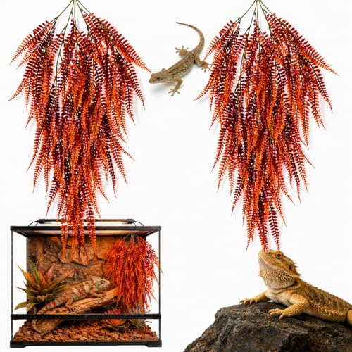 RAINFLOW 2PCS Reptile Plants for Terrarium - 33.5in Artificial Boston Fern Fake Vines, Fake Terrarium Plant for Leopard Gecko Lizard Snake Chameleon Bearded Dragon Tank Accessories(Red)