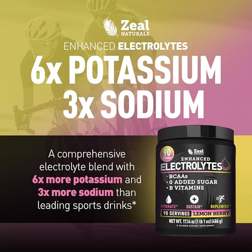 Zeal Electrolyte Powder - 90 Servings | Keto Electrolytes Powder | Zero Sugar, BCAAs, B-Vitamins | Potassium, Zinc, Magnesium | Hydration Powder Recovery Drink | Lemon Berry