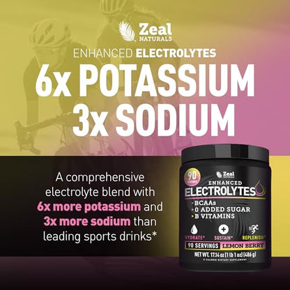 Zeal Electrolyte Powder - 90 Servings | Keto Electrolytes Powder | Zero Sugar, BCAAs, B-Vitamins | Potassium, Zinc, Magnesium | Hydration Powder Recovery Drink | Lemon Berry