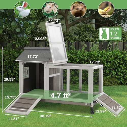 Gowoodhut 38.19"L Rabbit Hutch Indoor and Outdoor with 4 Wheels,Wooden Rabbit Cage with Pull Out Leak-Proof Tray for 1-2 Rabbits,Bunny Hutch with Asphalt Roof Suitable for Garden,Park,Living Room,Grey - size: PET30