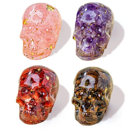 4 PCS Natural Crystal Skulls Halloween Realistic Looking Skulls Human Skeleton Head for Halloween Bar Home Table Decoration Gift (4-PCS-1)