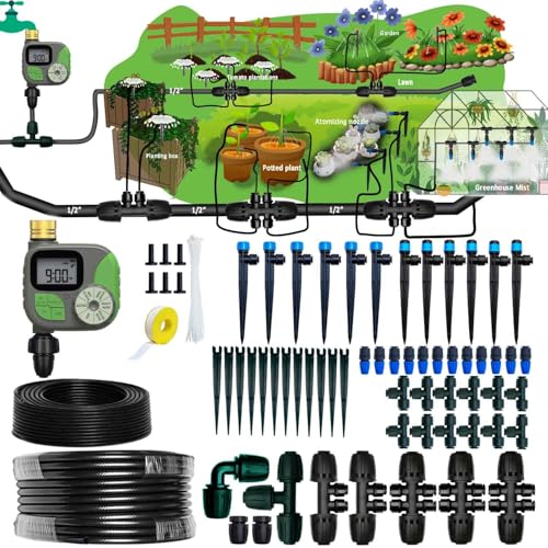 Drip Irrigation System with Timer for Garden,Main ID 1/2inch 16.5Ft and 1/4inch 96Ft Water Hose, Automatic Watering Watering System Sufficient Water Irrigation Dripper Waterflow Evenly Easy DIY Green - size: S5